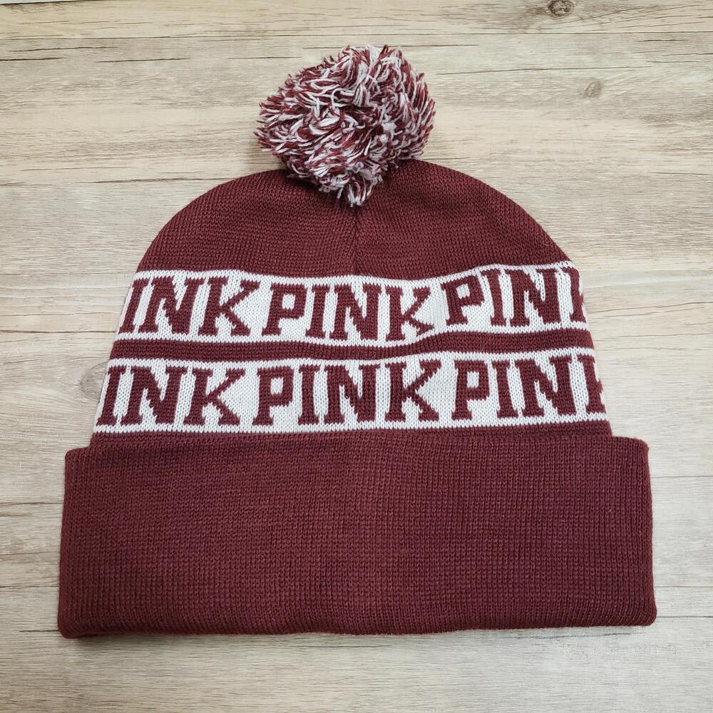 PINK Victoria's Secret Hat Beanie Pom Womens One Size Red Logo Knit Striped